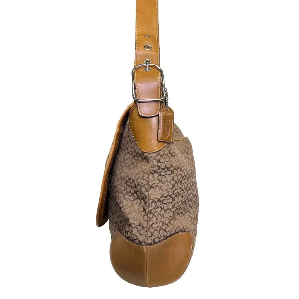 Coach Signature Canvas Leather Messenger Crossbody Bag Flap Laptop Brown Tan